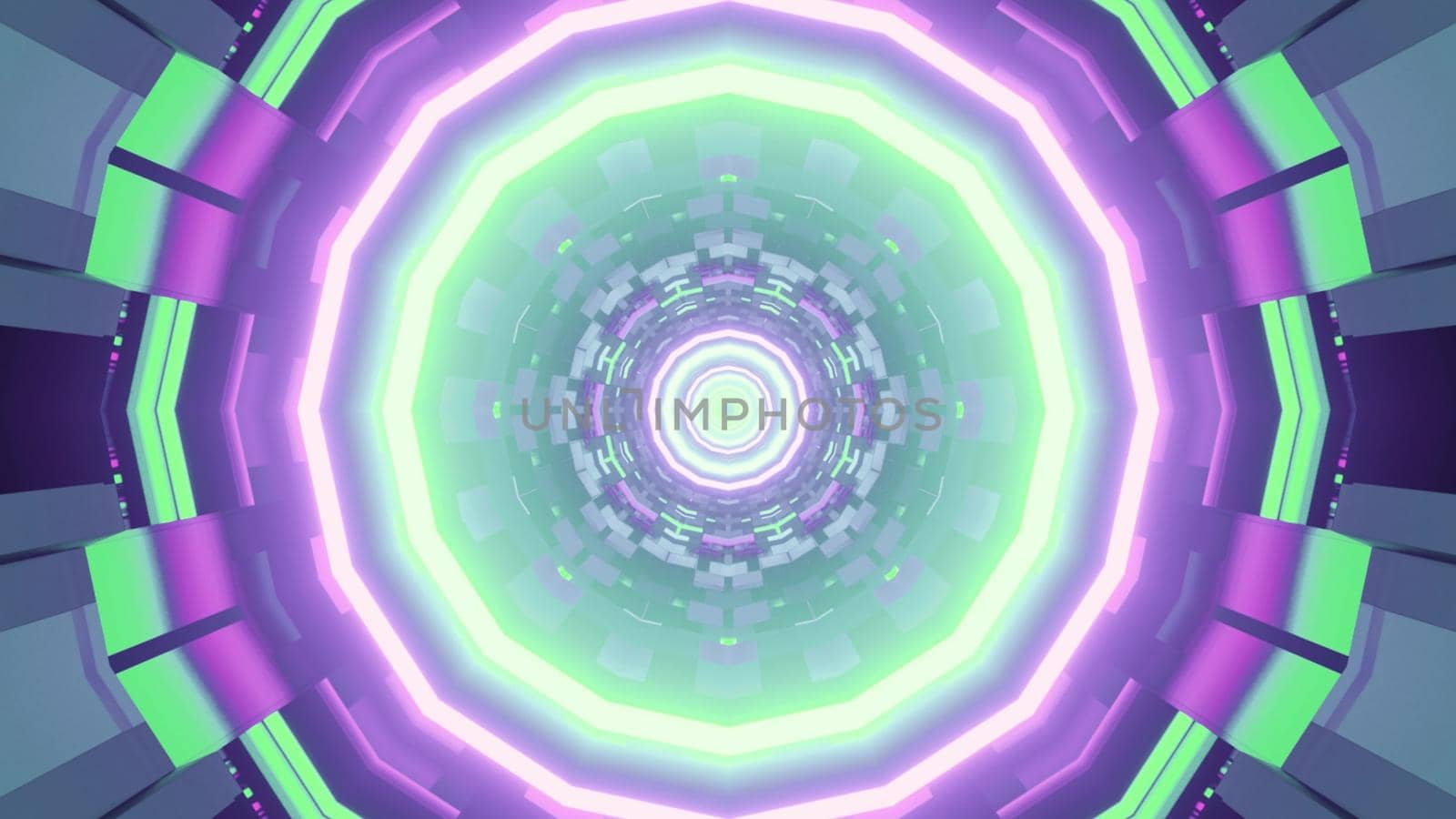 3D illustration of swirling bright purple and green neon lights forming abstract background