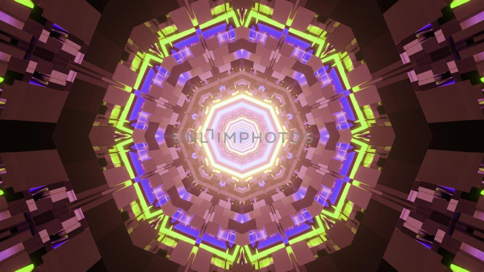 3D illustration of colorful ornamental graphic pattern with symmetric lines and cells as abstract background