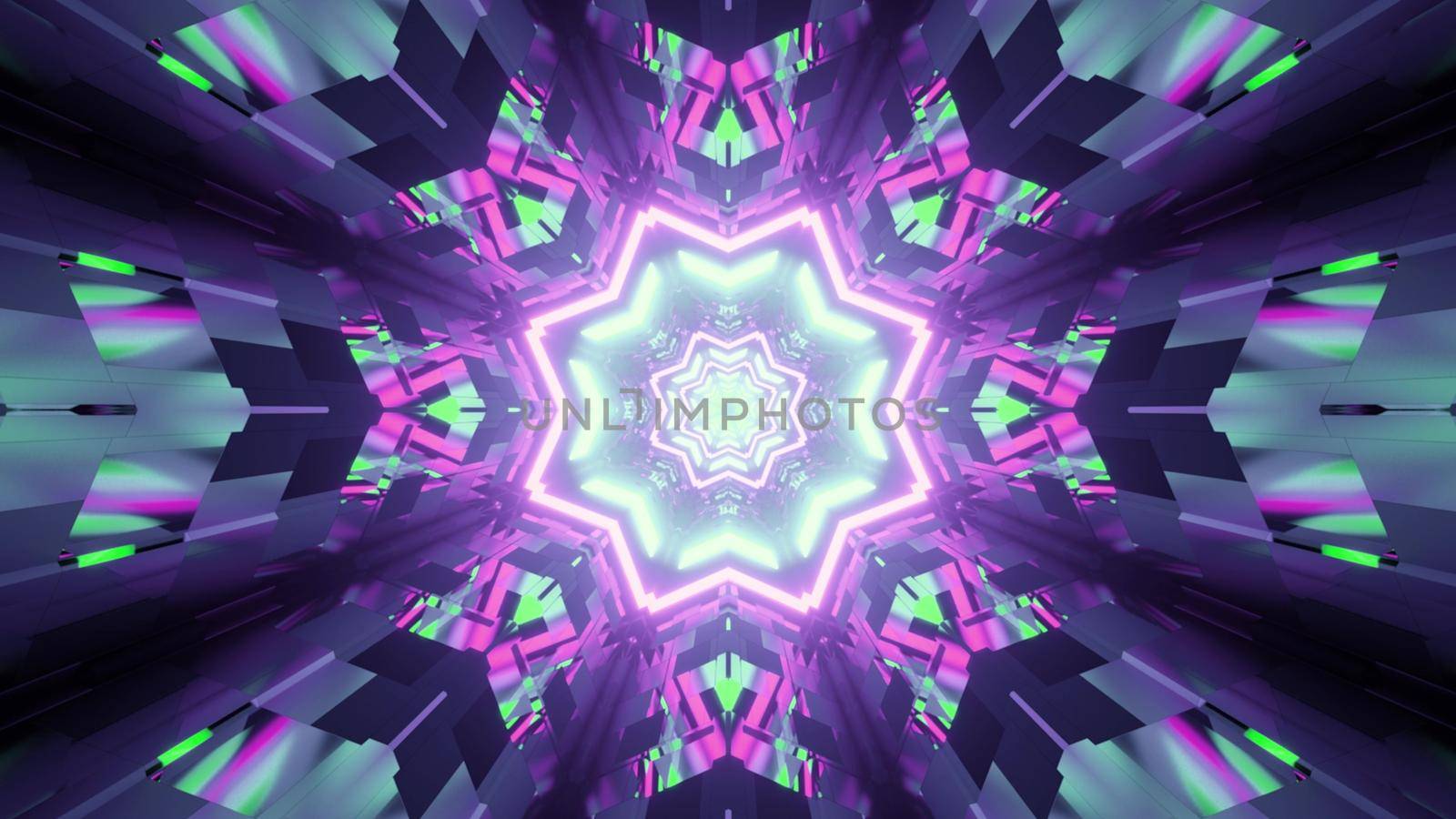 3d illustration of abstract background of kaleidoscopic futuristic tunnel with reflection of green and purple neon illumination