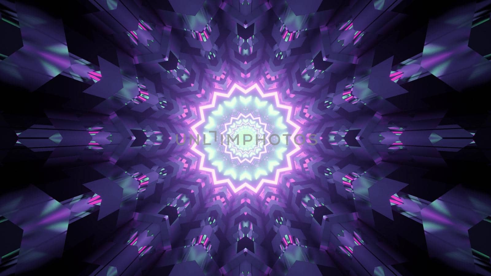 3d illustration of abstract background of ornamental corridor in shape of flower with reflection of purple and blue neon lights