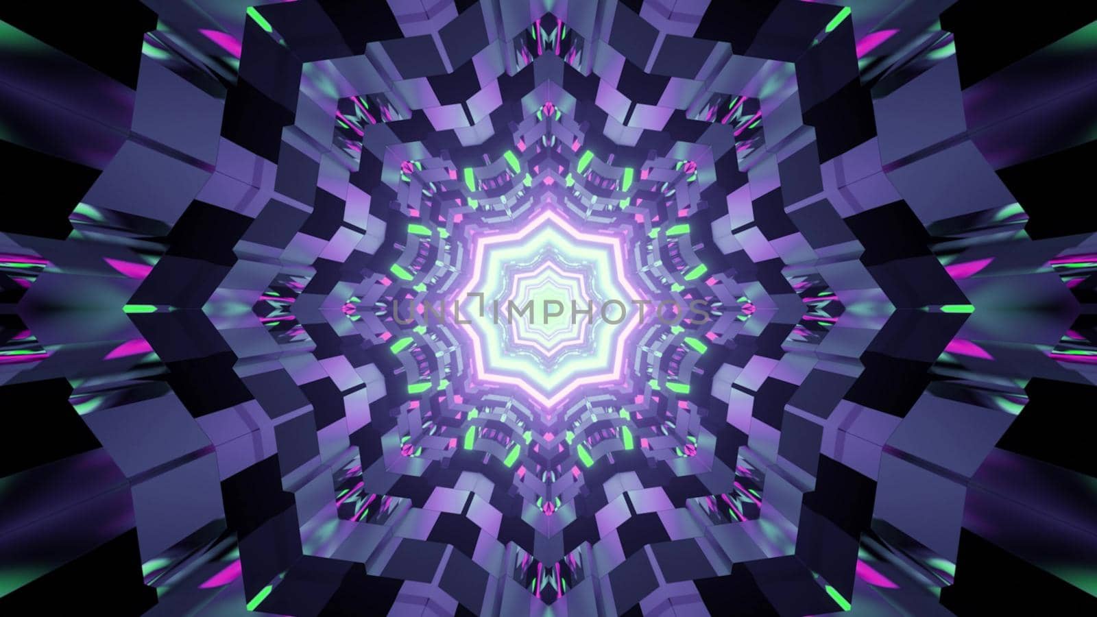 3d illustration of abstract background of tunnel with geometric bricks illuminated by neon lights