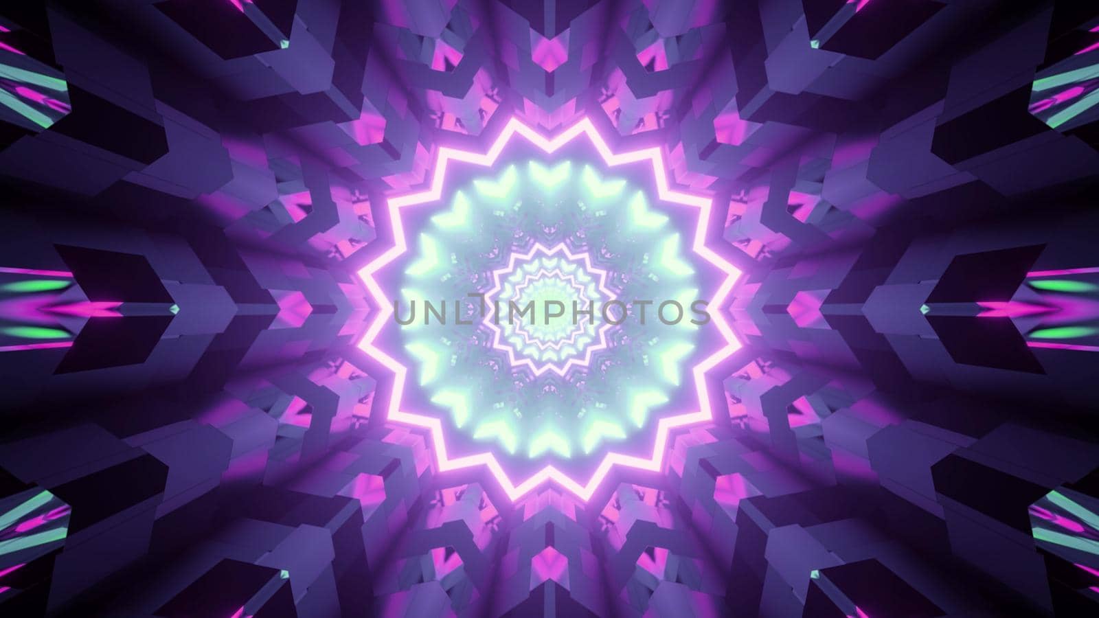 3d illustration of abstract background of geometric tunnel with shapes and lines glowing with blue and purple neon illumination