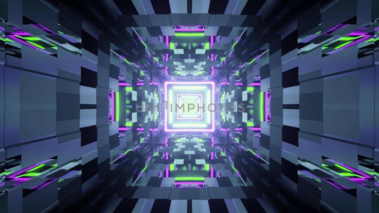 3d illustration of abstract background of square shaped futuristic neon tunnel with bricks illuminated by purple and green lights
