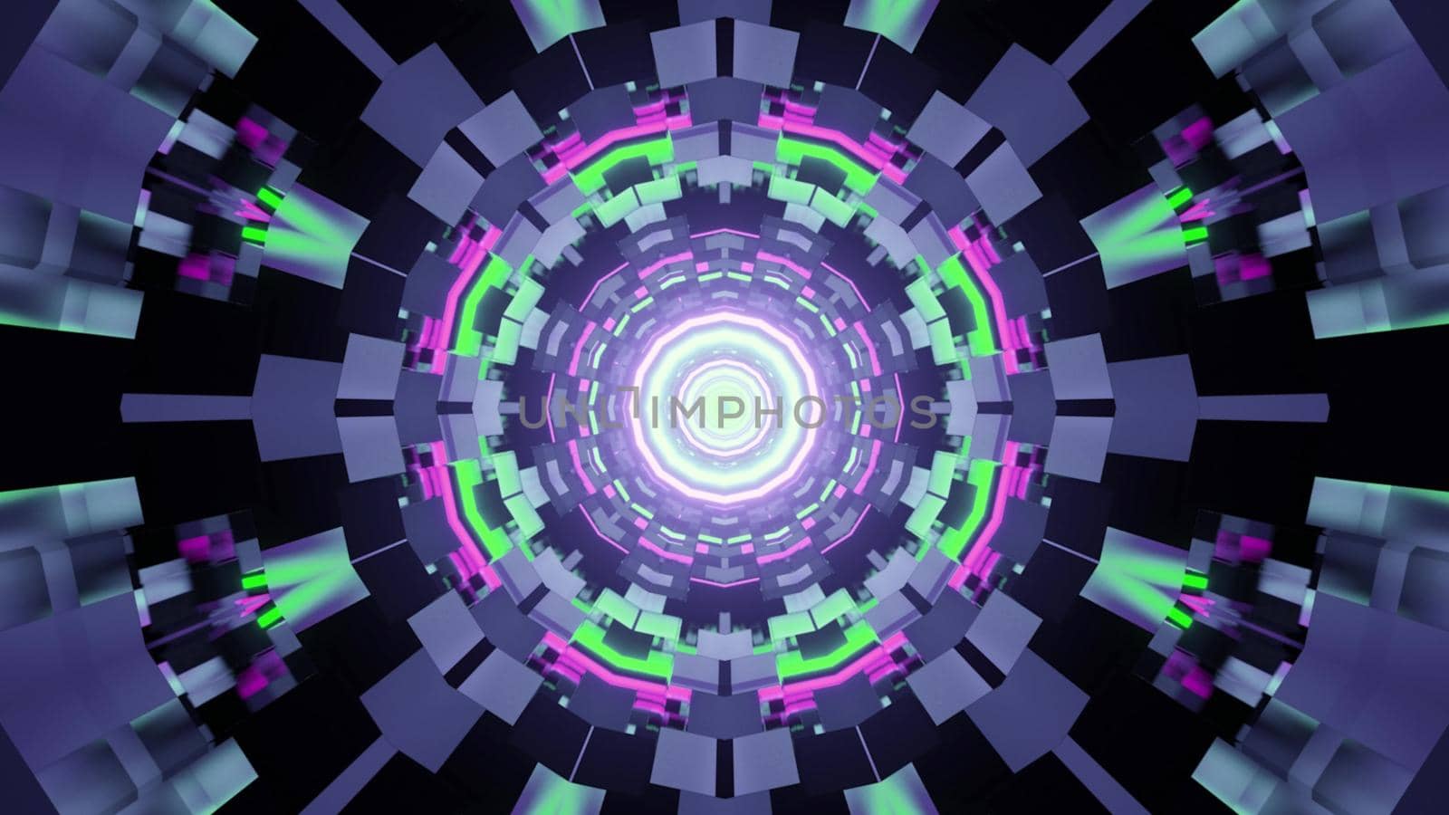 3d illustration of abstract background of round shaped tunnel with bricks illuminated by green and purple neon lights