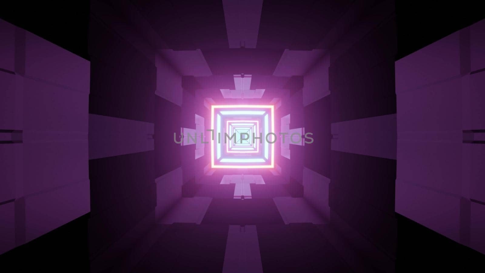 3d illustration abstract futuristic background dark purple tunnel perspective with shiny square shaped neon lights