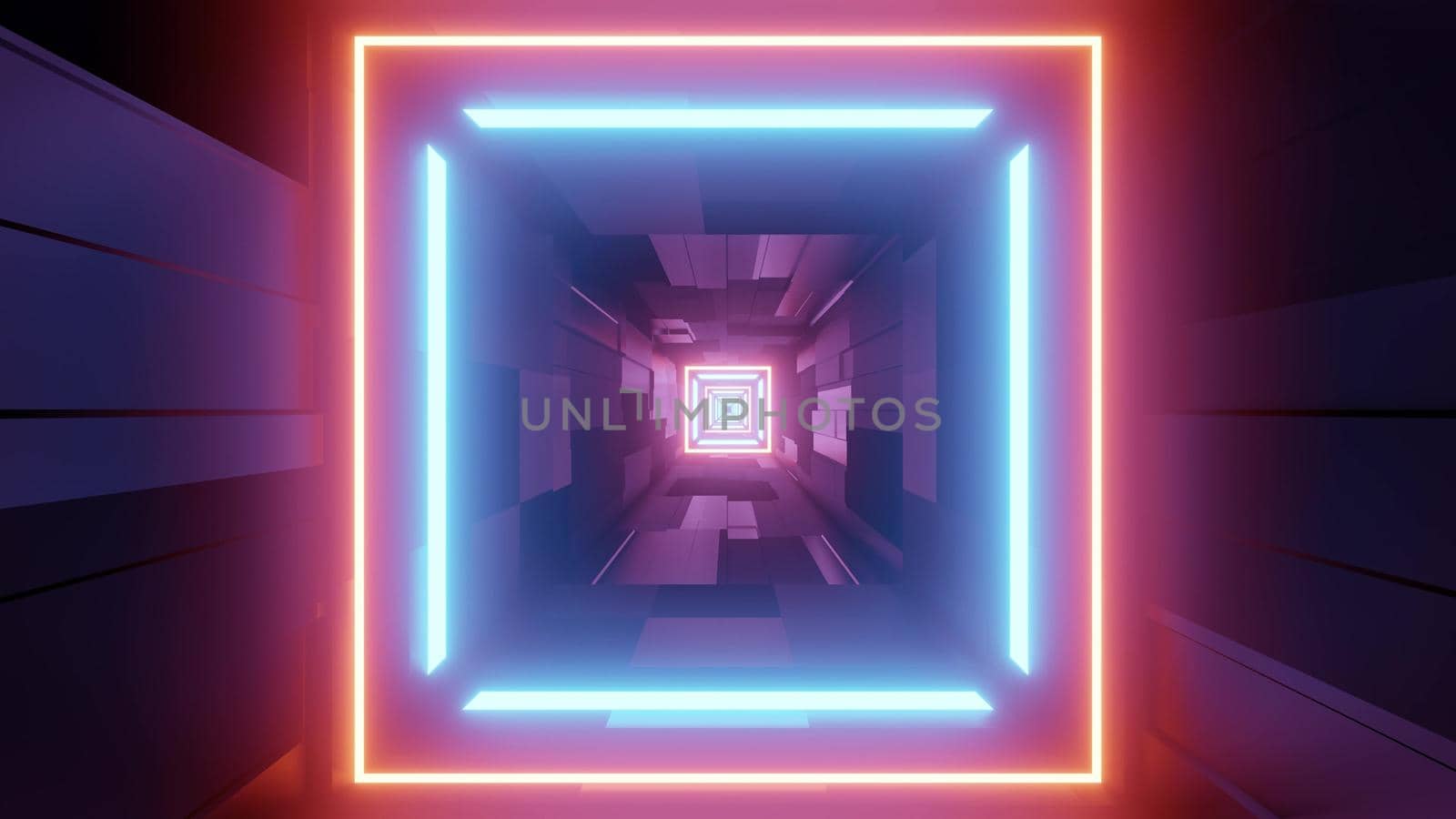 3d illustration of underground passage perspective with square shaped neon lines in futuristic style building for abstract architecture background