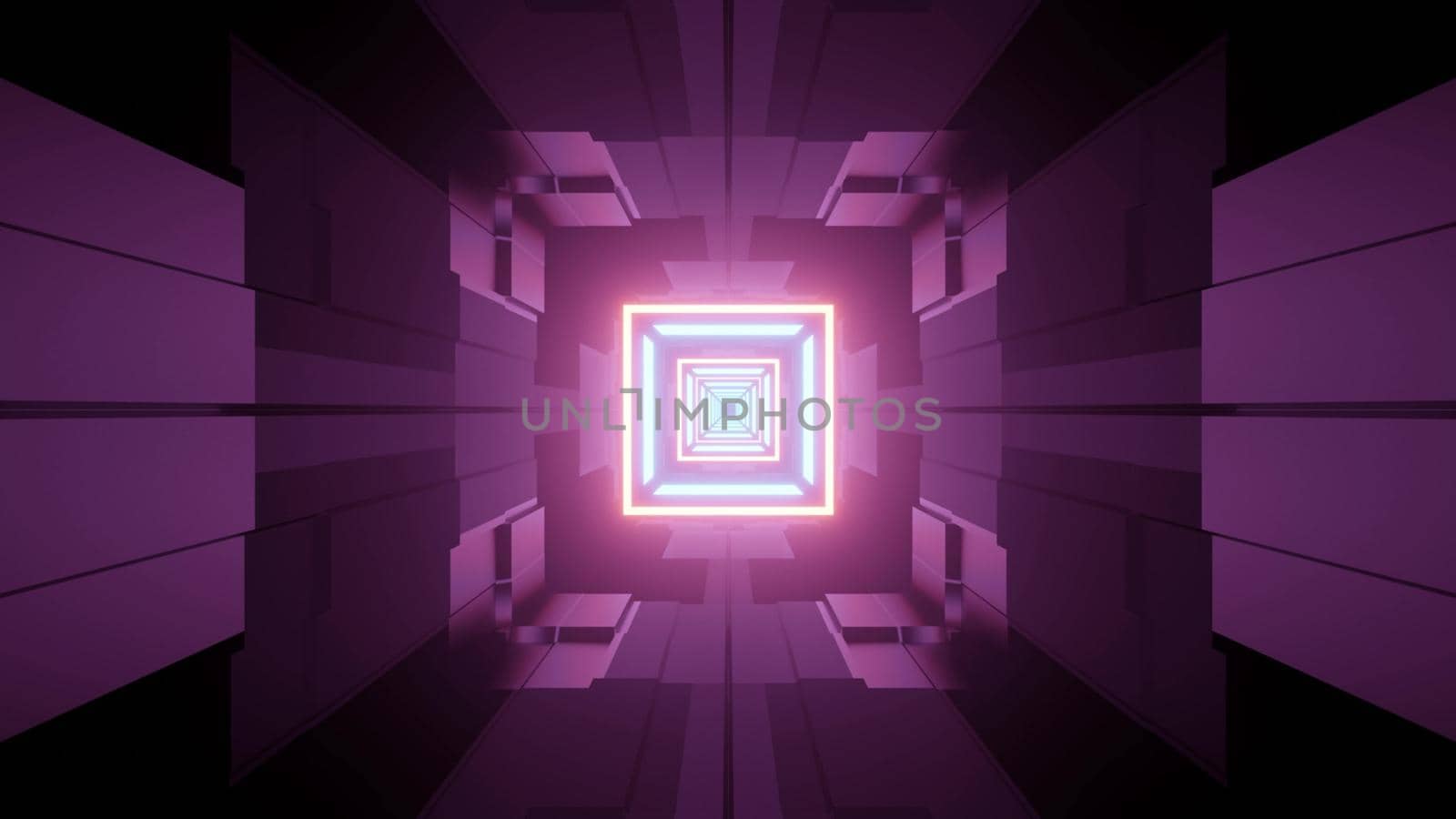 Abstract architecture futuristic style 3d illustration of underground corridor with geometric shapes and glowing neon lines