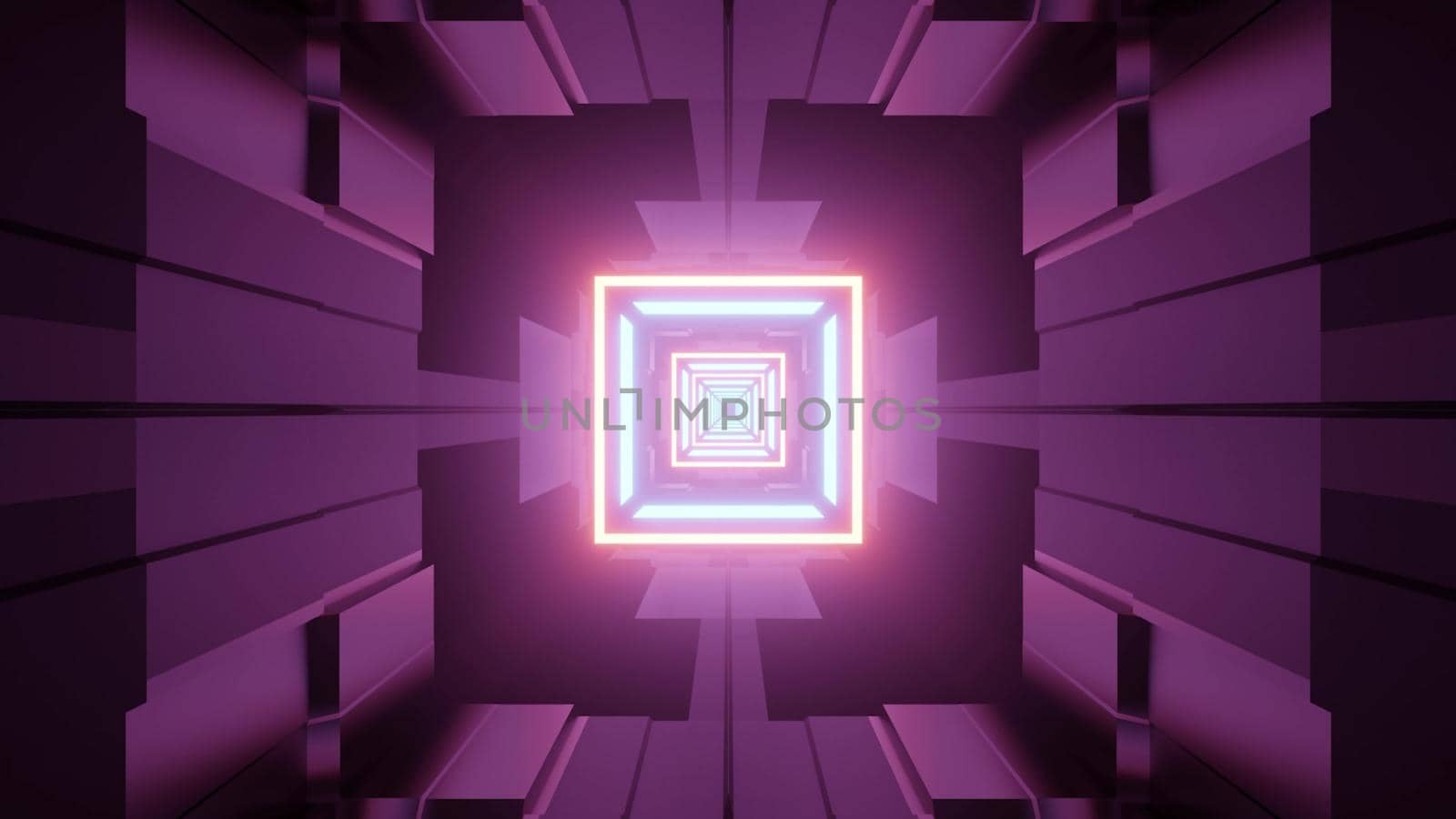 3d illustration of hallway perspective with futuristic geometric shapes and purple walls illuminated by glowing neon lights