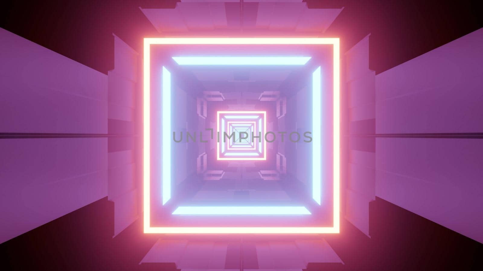 3d illustration of square shaped tunnel perspective with colorful futuristic neon illumination for abstract architecture geometric background