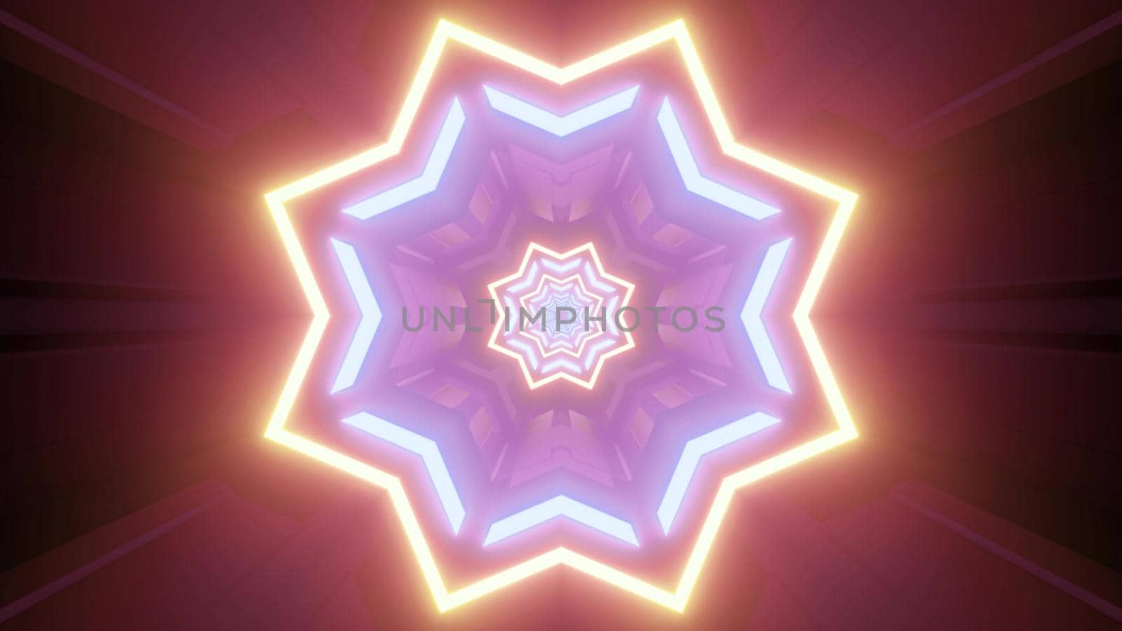 3d illustration abstract visual geometric background with shiny neon star shaped figures creating optical illusion of endless futuristic tunnel