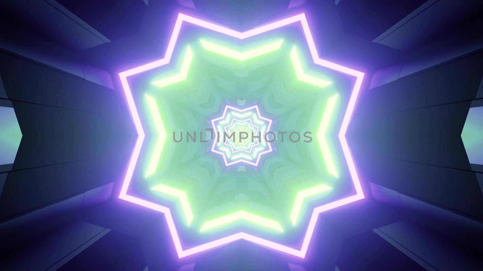 3d illustration of virtual world tunnel with octagonal geometric shapes and vibrant neon illumination in green and purple colors