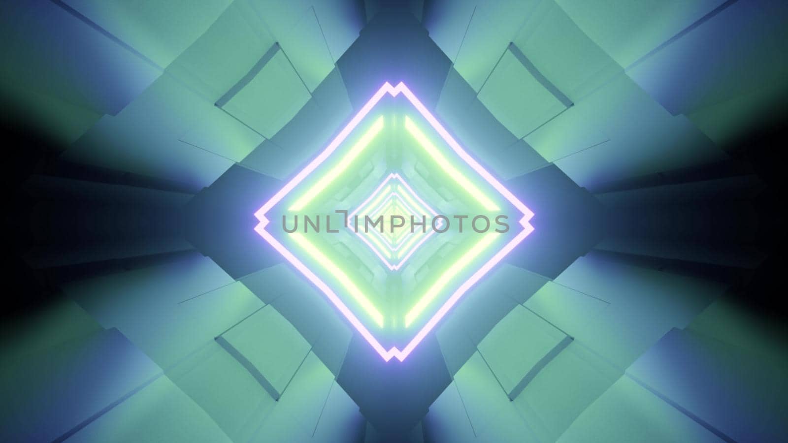 3d illustration of rhombus shaped tunnel with symmetric design and glowing neon lines in blue and green colors for abstract sci fi background