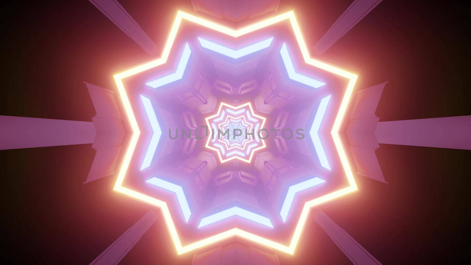 3d illustration of repetitive star shaped ornament of various sizes and neon colors creating optical illusion of endless futuristic tunnel