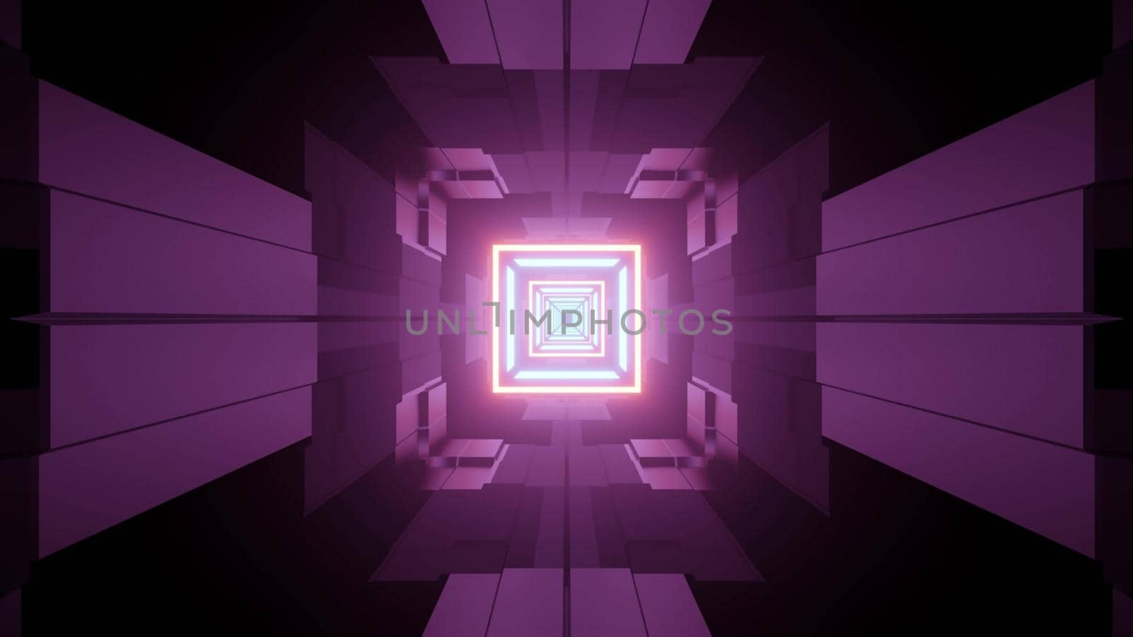 Abstract 3d illustration of underground square shaped corridor with blue and purple neon illumination for futuristic architecture concept designs