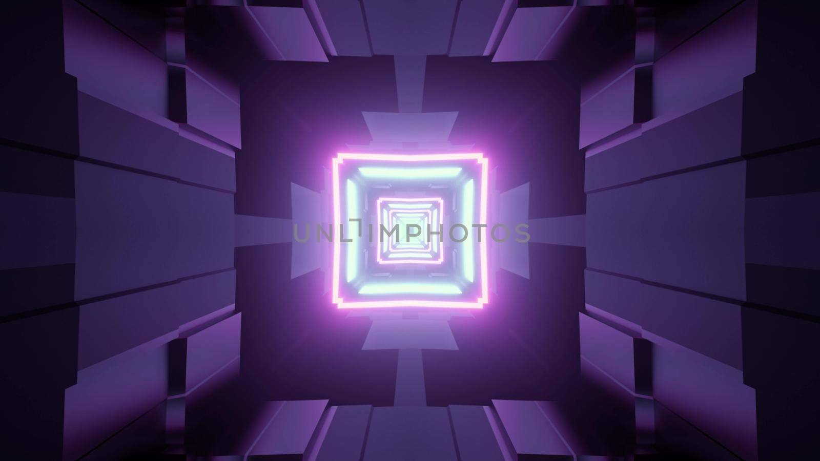 3d illustration abstract visual background with square shaped neon frames inside of virtual world tunnel with purple illumination