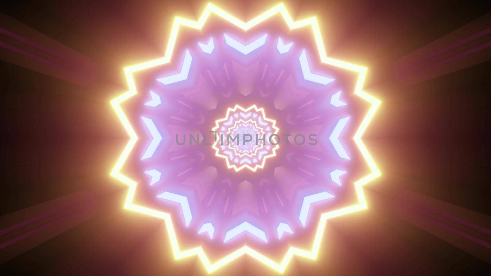 3d illustration of bright glowing geometric floral pattern in golden and purple neon colors on dark background