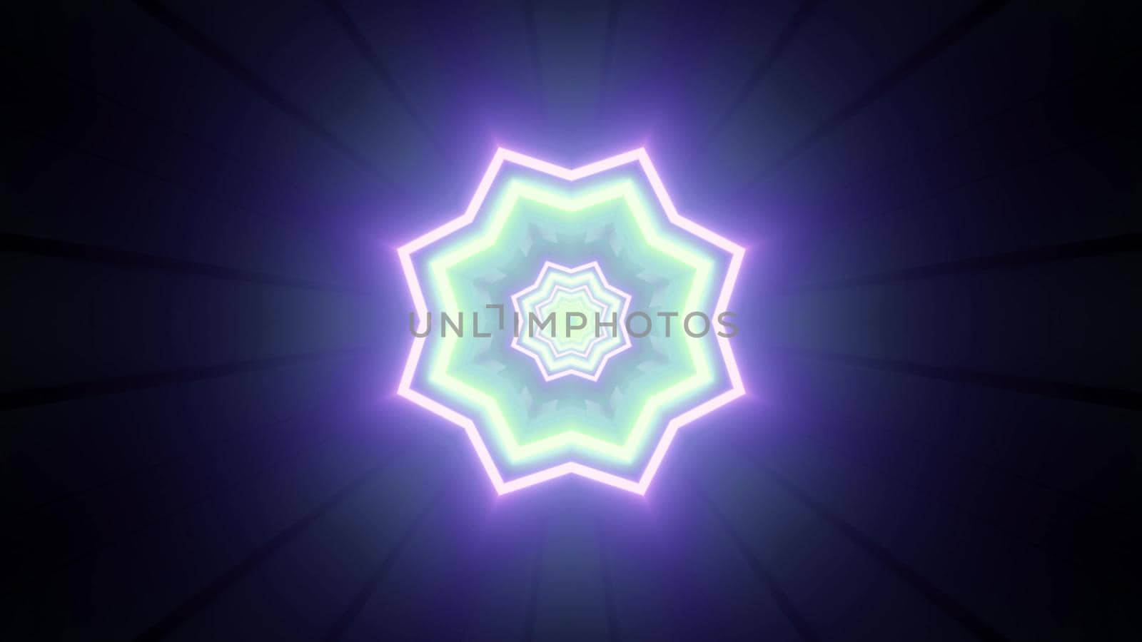 Minimalist style vibrant 3d illustration with shiny geometric pattern in shape of flower in blue and green neon colors for futuristic background