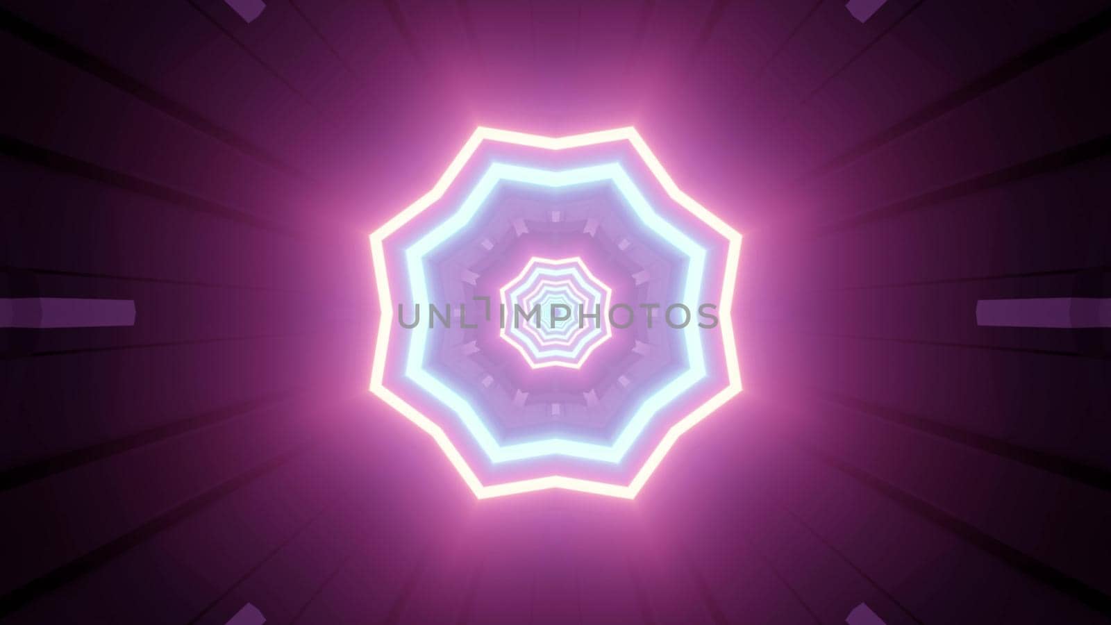 3d illustration with radiant neon geometric star shaped center and purple background with light reflections creating perspective of endless futuristic space tunnel