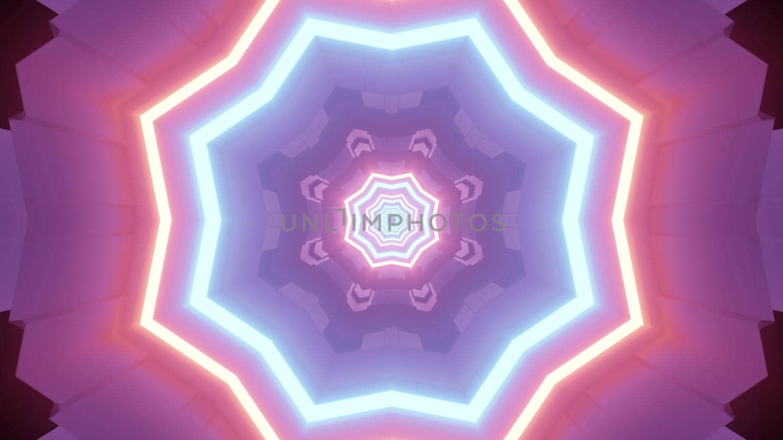 3d illustration abstract art visual background with repetitive star shaped holes of futuristic tunnel illuminated by colorful neon lamps