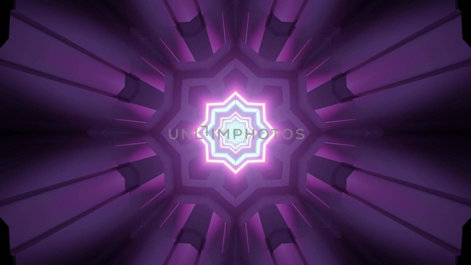 3d illustration through fantastic tunnel with star shaped holes and geometric panels reflecting purple neon light