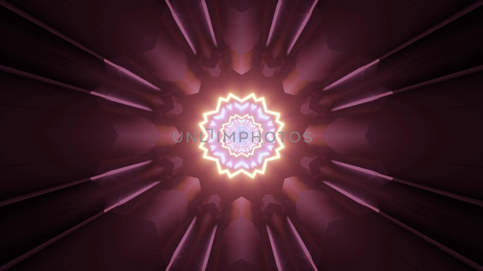 3d illustration with shiny golden and purple colored frames of endless futuristic tunnel with geometric design and neon illumination reflecting on dark surface