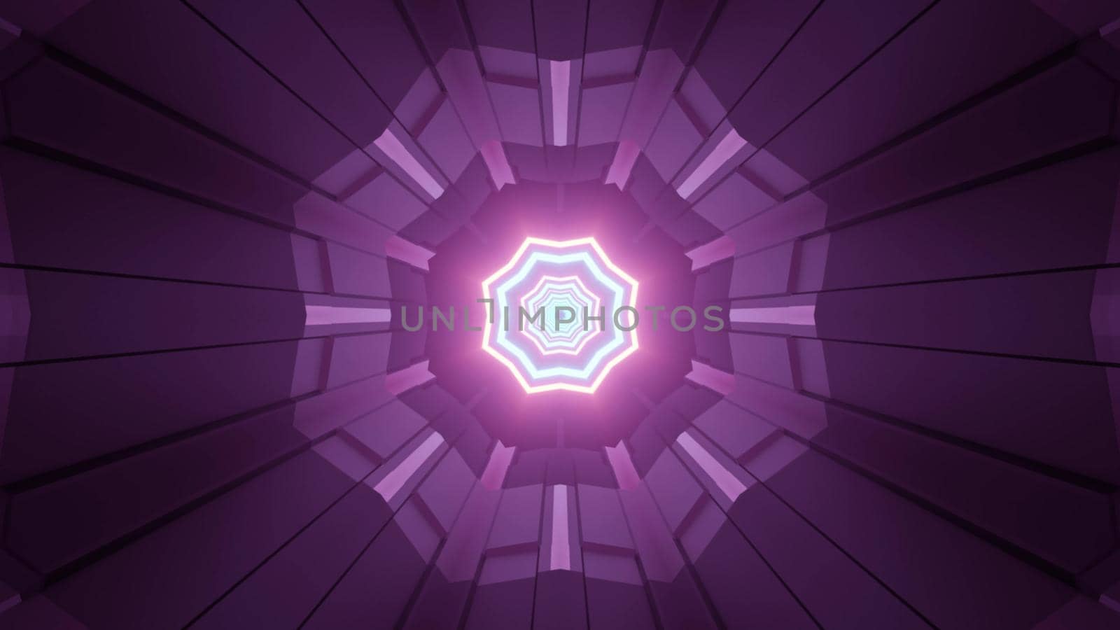 3d illustration of purple flower shaped geometric ornament with glowing neon octagonal stars in center as abstract futuristic background design