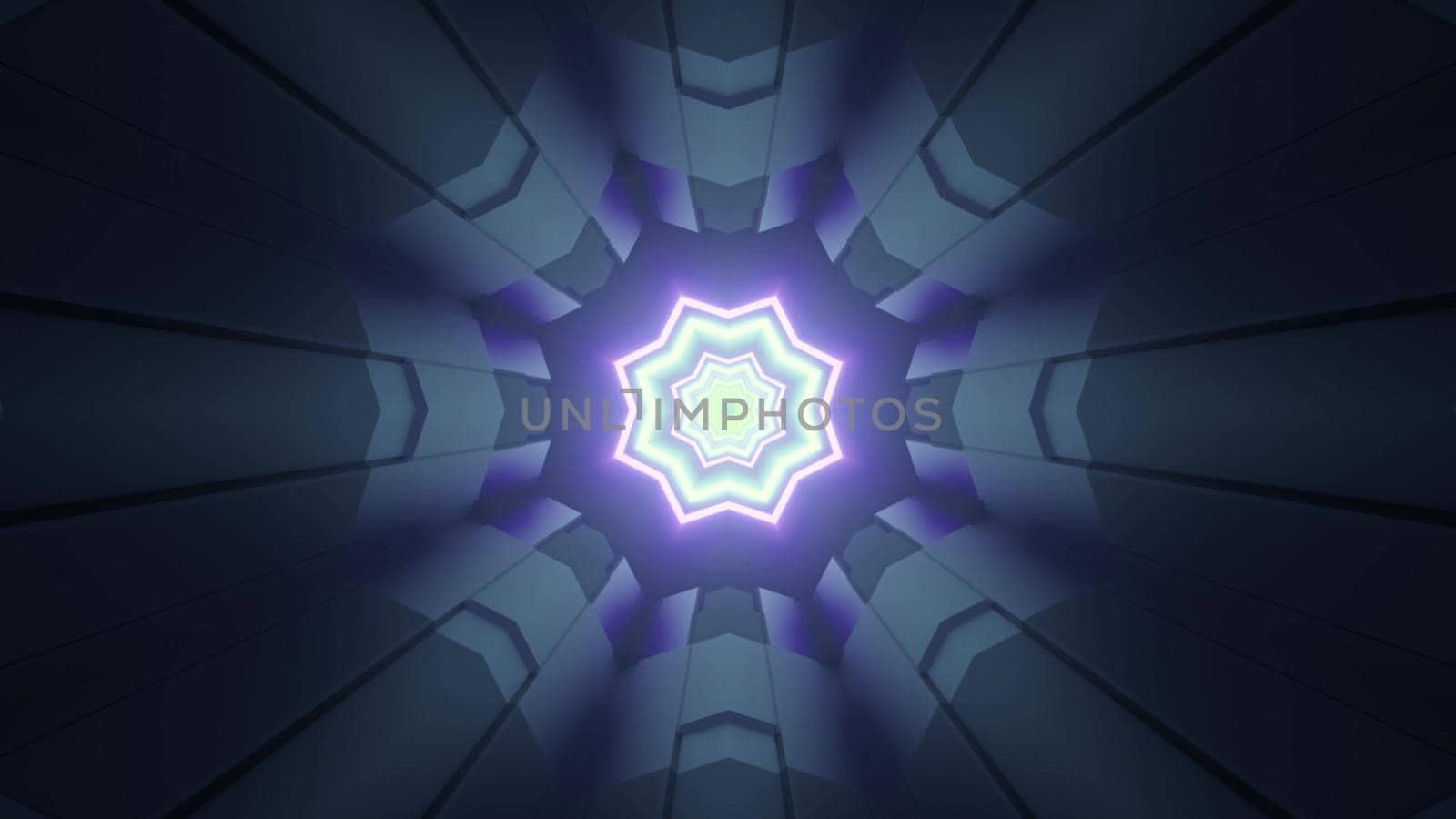 3d illustration abstract futuristic background with metallic cells and neon stars forming perspective geometric pattern of sci fi tunnel
