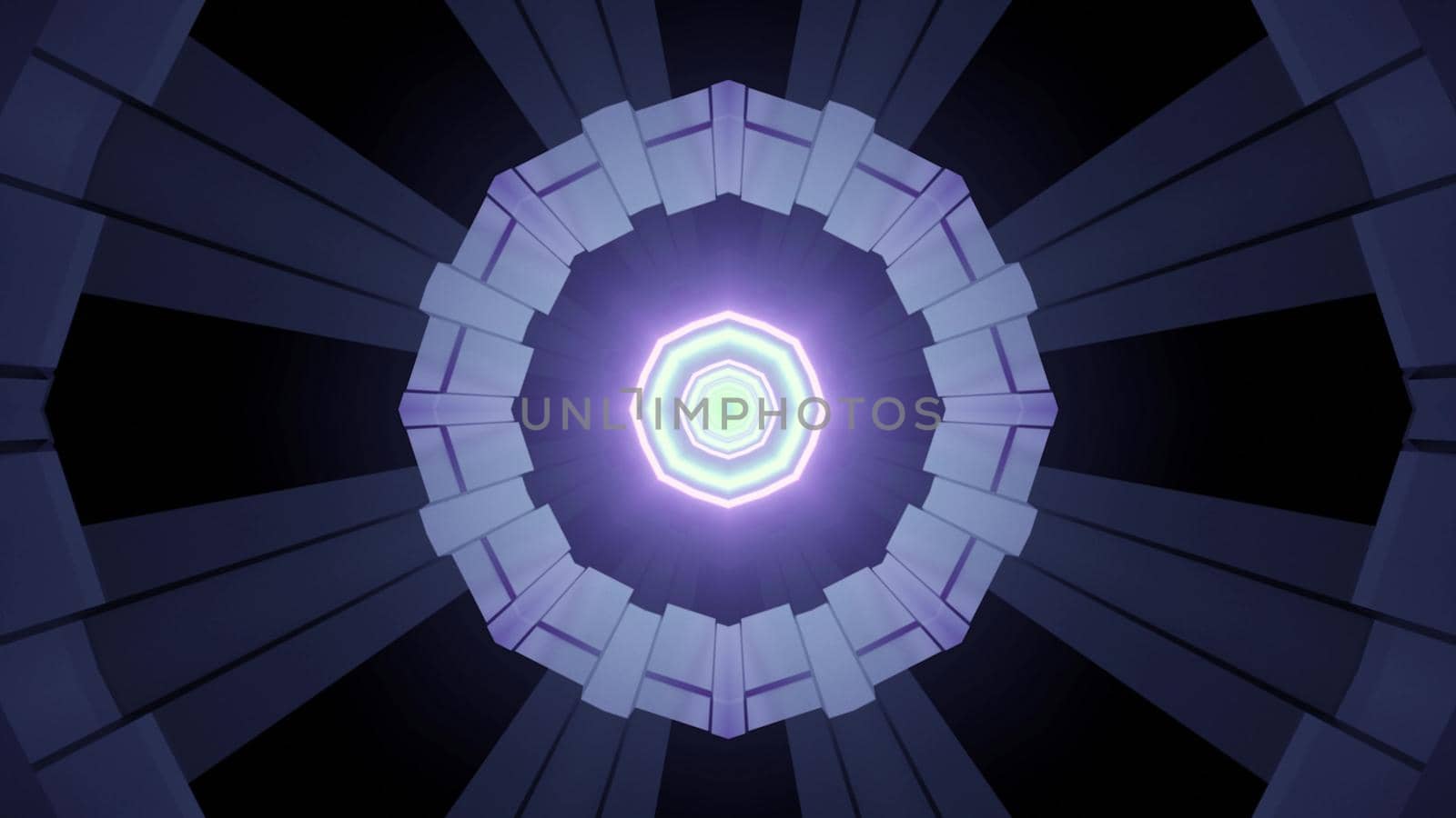 3d illustration in blue and purple shades of tunnel perspective with symmetric polygonal design and glowing neon lines for futuristic architecture and technology concept background