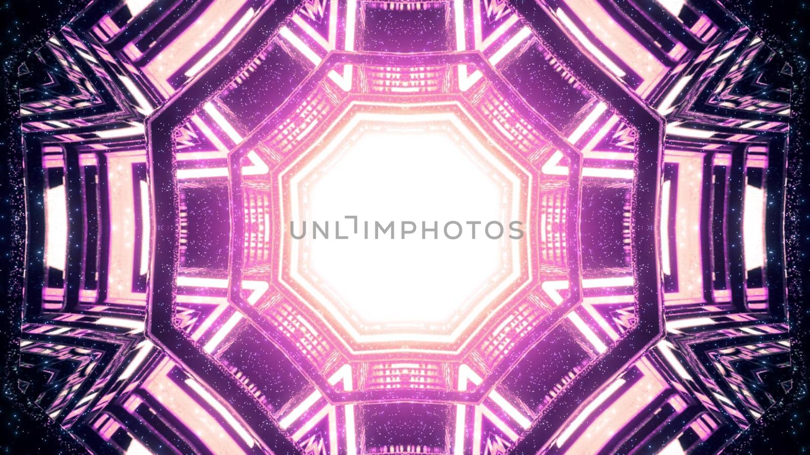 3d illustration abstraction of fantastic octagonal shaped tunnel with luminous center rounded by ornamental cells in purple neon shades