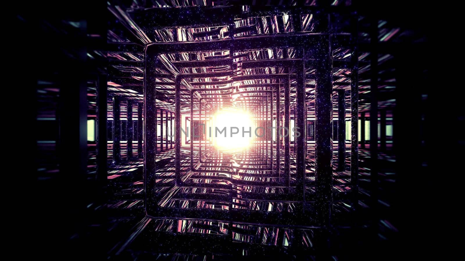 3d illustration of dark corridor with futuristic geometric design and mirrored surface reflecting light of glowing golden sphere
