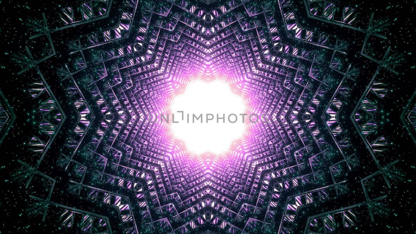 3d illustration perspective view of star shaped tunnel with symmetric metallic cells reflecting bright light glowing from hole for abstract background design