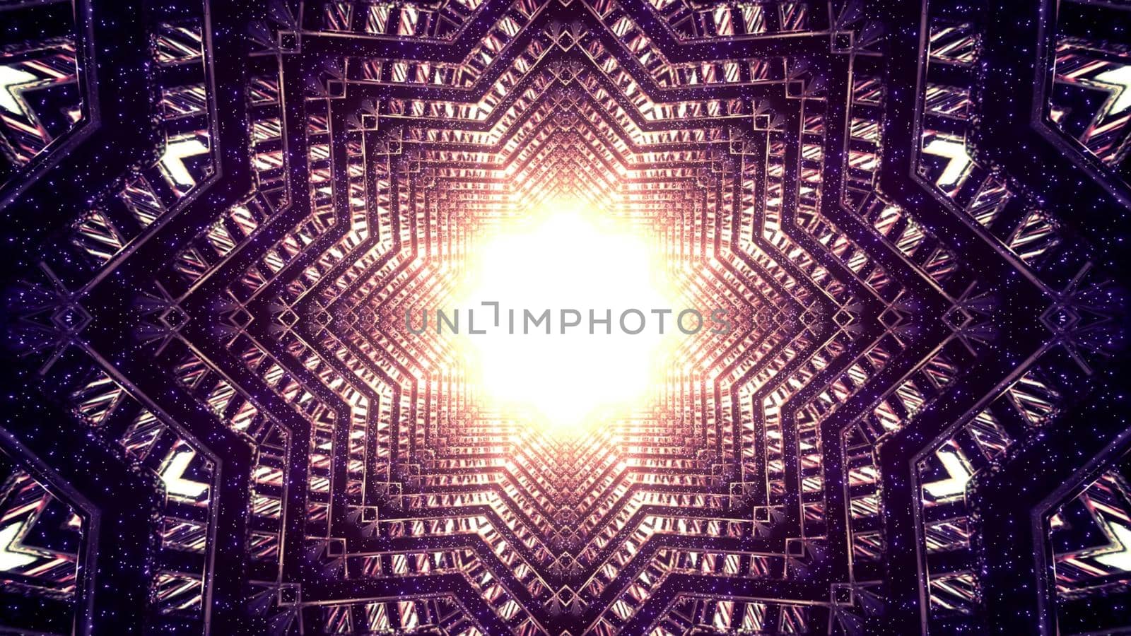 Fantastic 3d illustration abstract visual background with shiny golden sphere gleaming inside of star shaped tunnel with symmetrical metallic walls