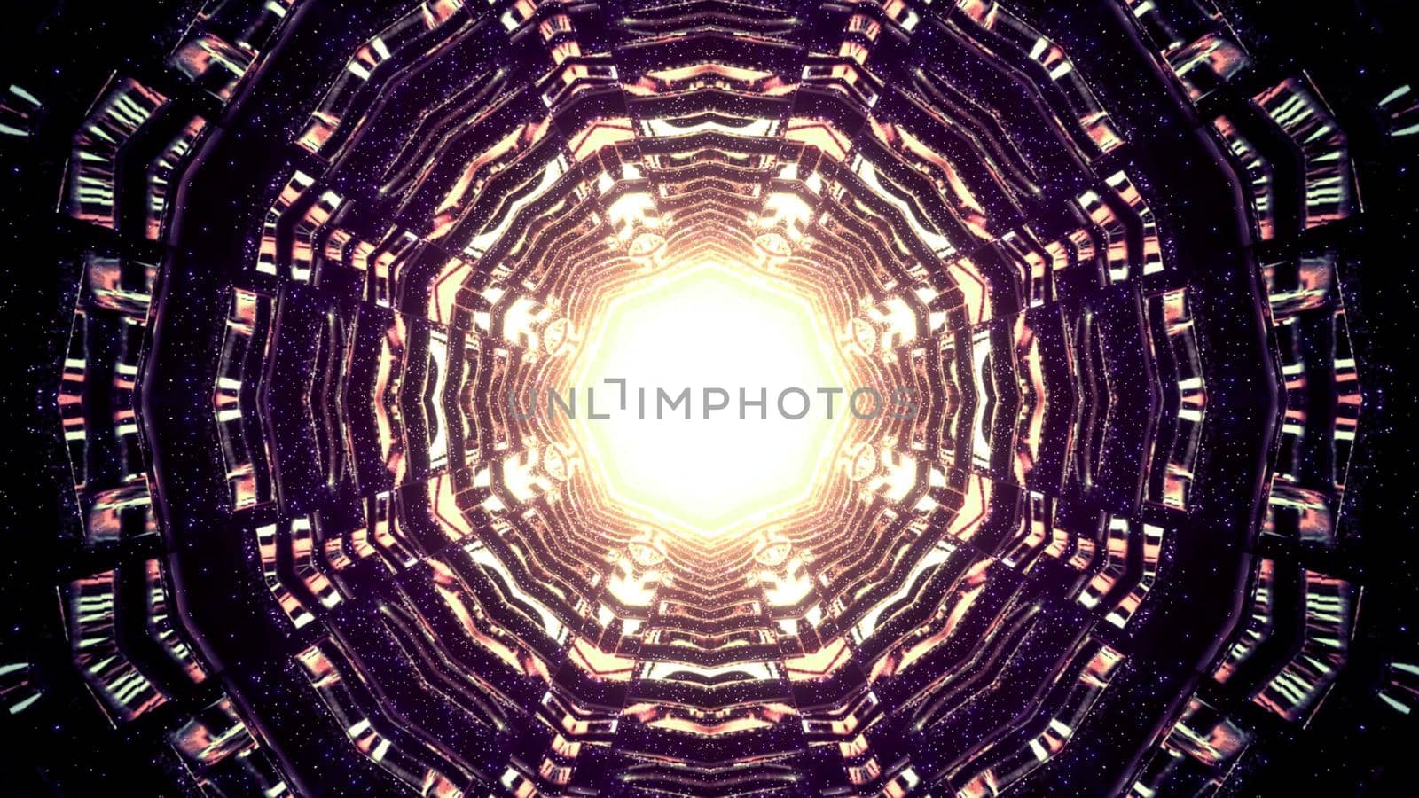 3d illustration abstraction of deep magic well with symmetrical geometric golden walls glowing in bright sunlight