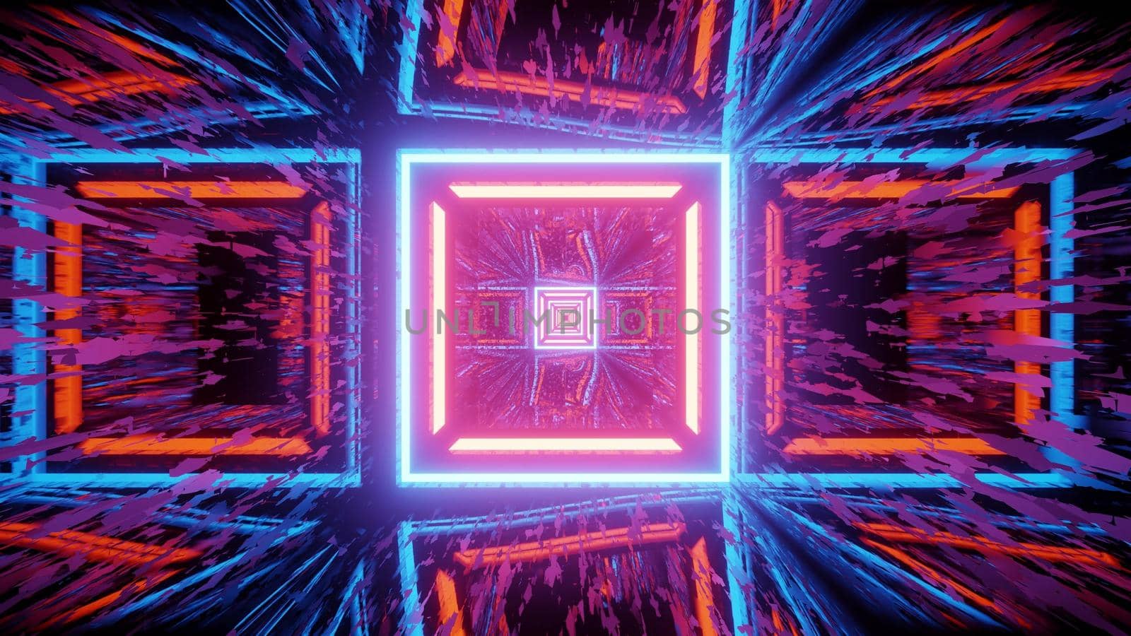3d illustration abstract art visual background with glowing square shaped lines and colorful neon illumination with reflections and distortions