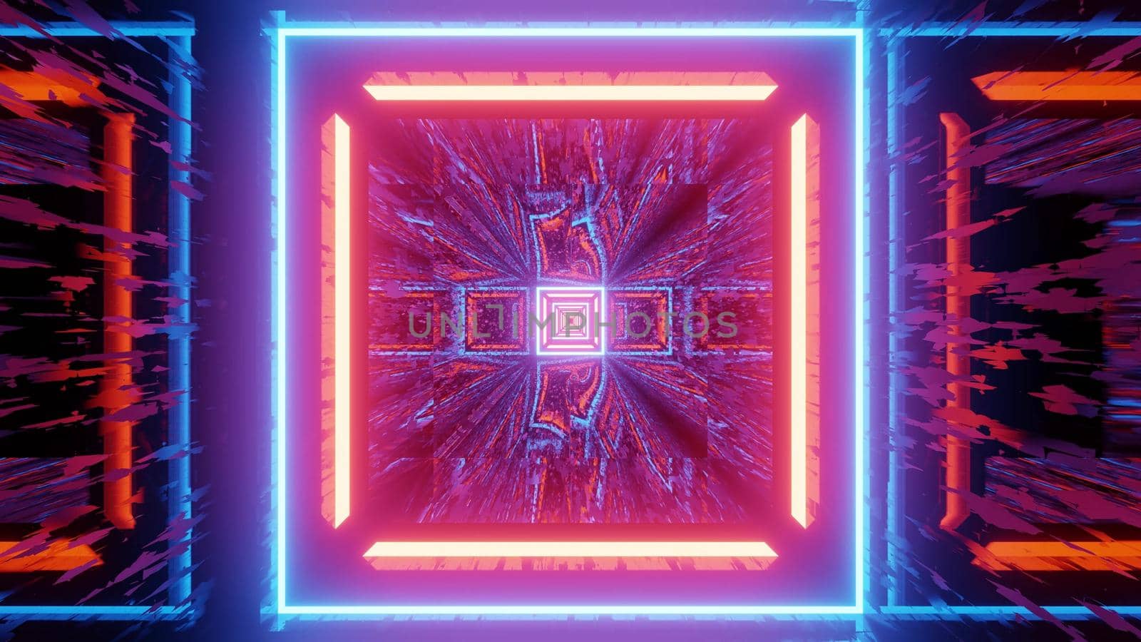 3d illustration of bright colorful neon illumination in shape of squares with light reflection effect for abstract geometric background design