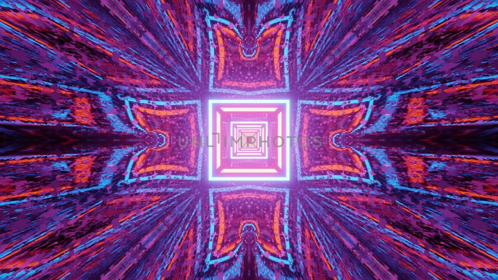 3d illustration optical illusion abstract art background design with repetitive neon lines creating square shaped pattern with colorful reflections and distortions