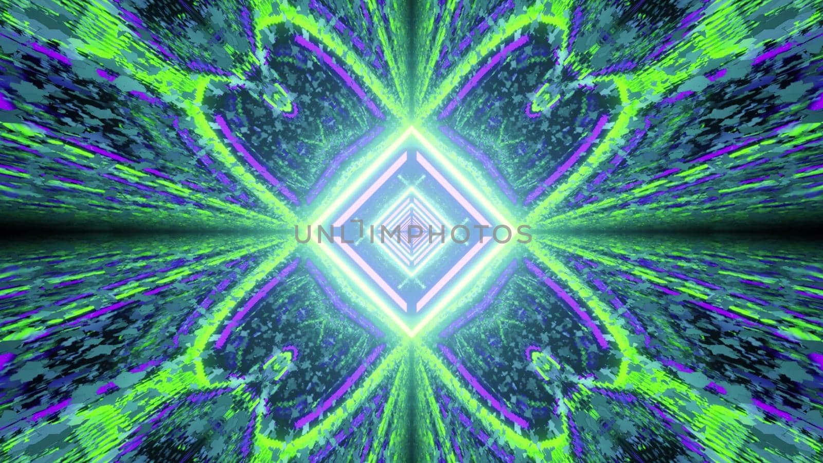 Vibrant 3d illustration abstract colorful background with symmetric geometric neon illumination and light reflection and distortion effects