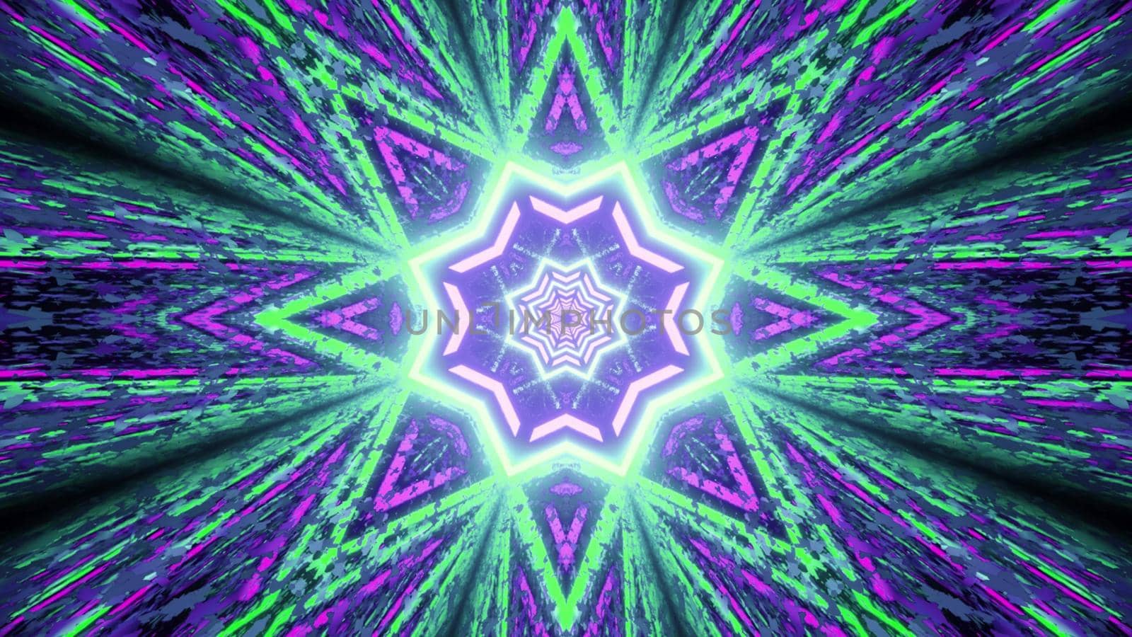 3d illustration abstract art visual background in green and purple neon colors with glowing star shaped pattern and light reflections