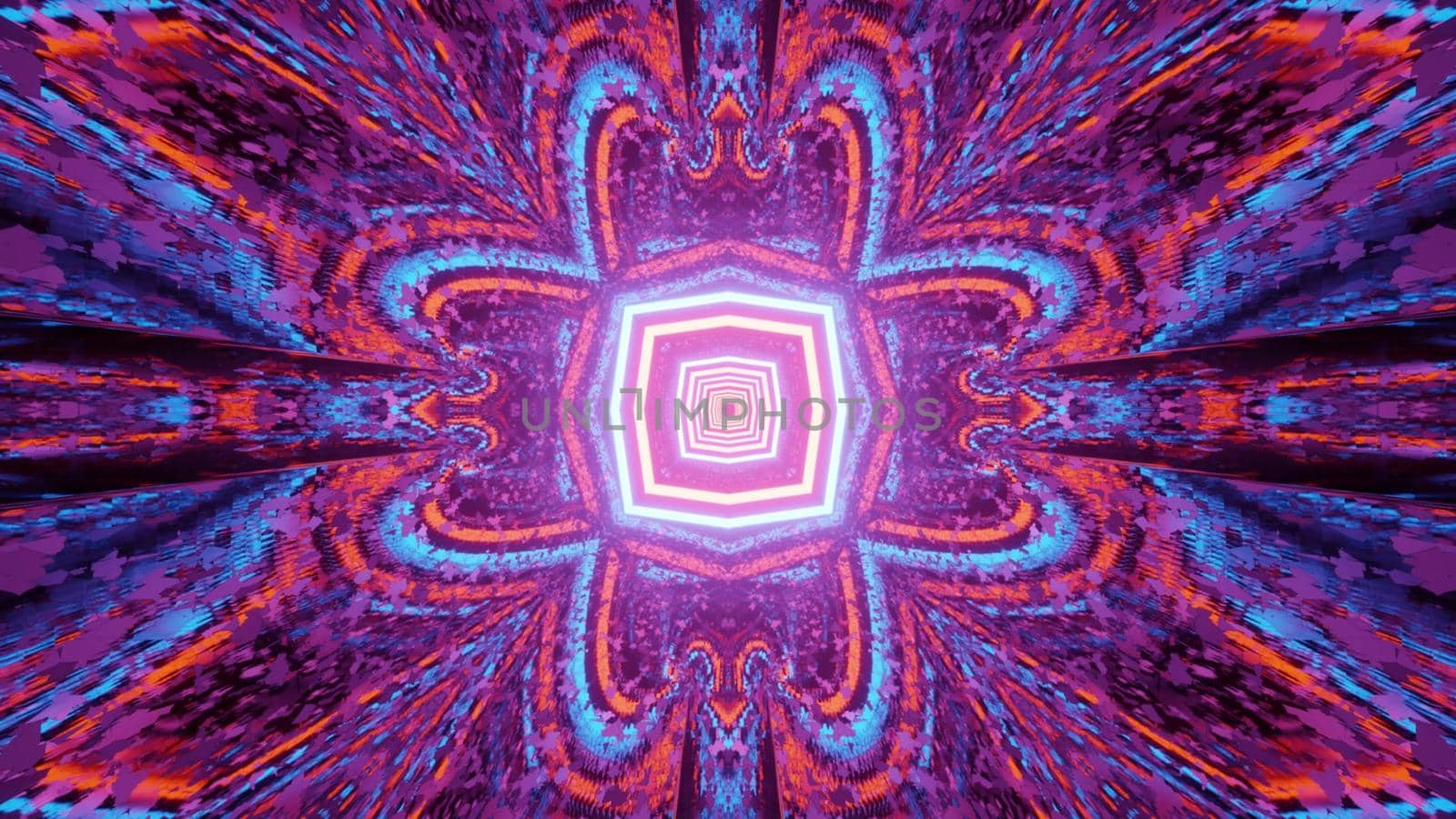 3d illustration of multicolored abstract geometrical figures forming frame of fantastic tunnel with reflections of neon lights