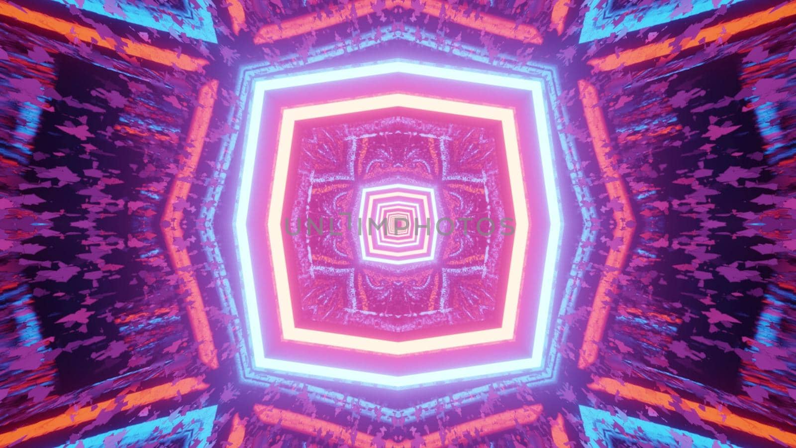 Radiant 3d illustration abstract colorful geometrical background with symmetric pattern of neon lines and distorted reflections