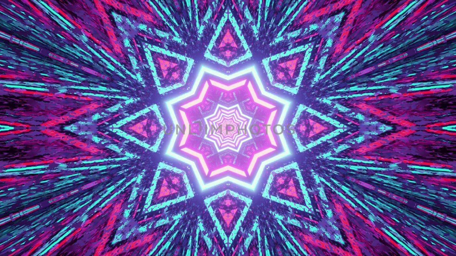3d illustration vivid abstract background with multicolored glowing neon star and lines forming kaleidoscopic pattern with light reflections