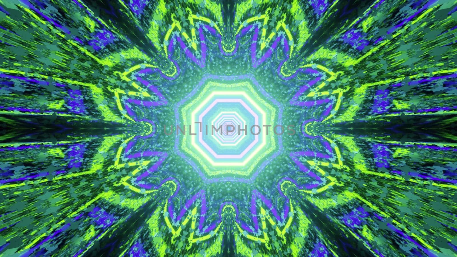 Kaleidoscopic 3d illustration abstract futuristic background with geometric flower pattern in green and blue neon colors and light reflection effect