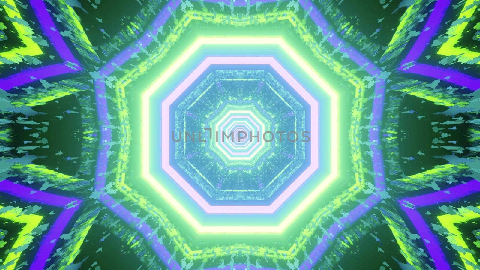 Bright 3d illustration in green and blue neon colors with symmetric octagonal frames and light reflections for abstract futuristic background design
