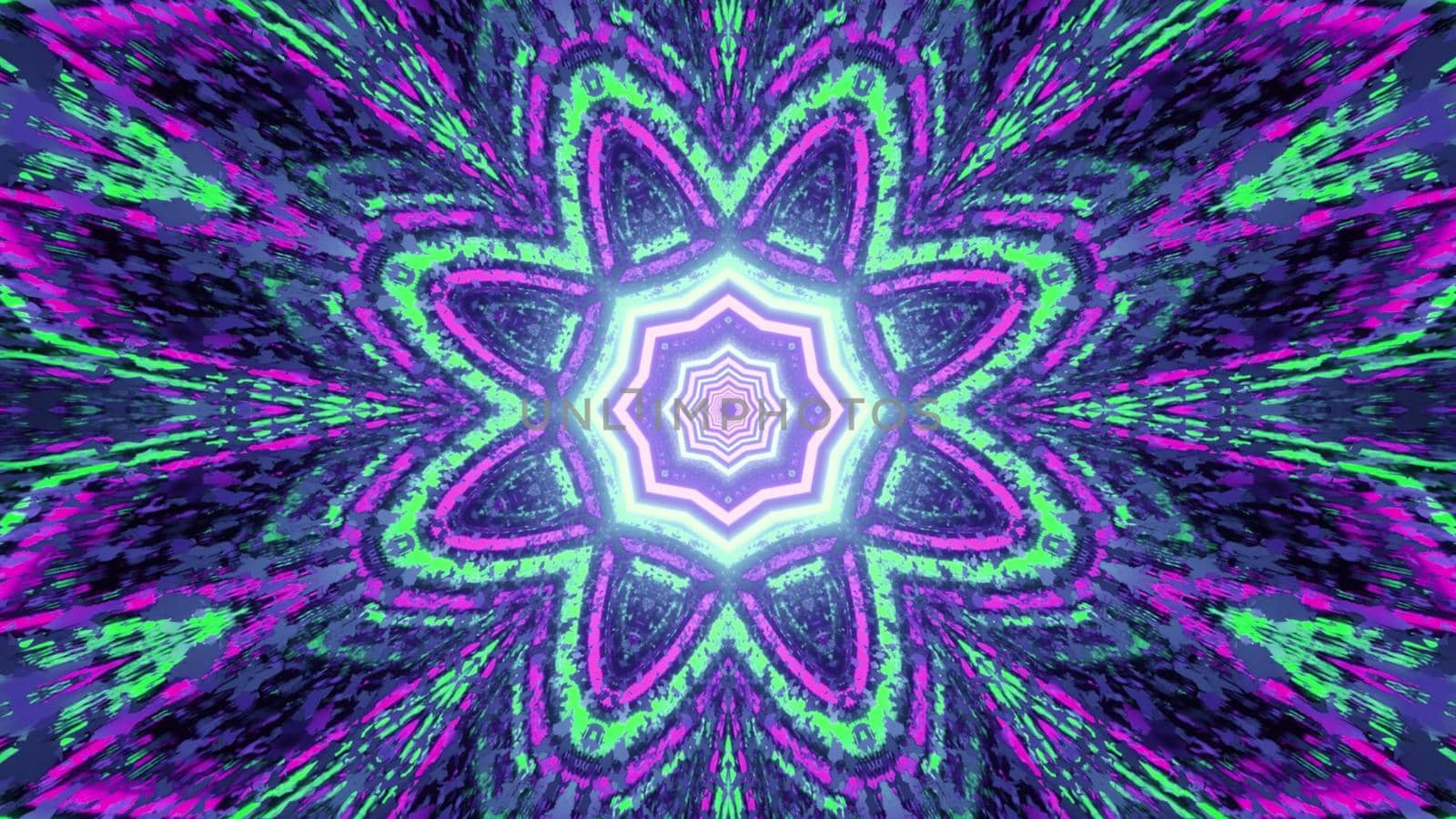 3d illustration of abstract geometrical floral pattern with symmetrical design in shiny green and violet neon colors