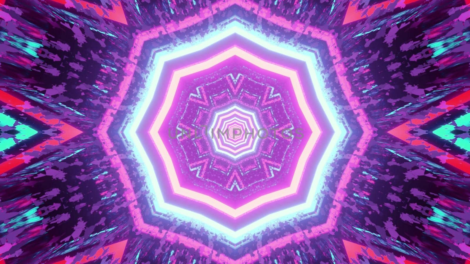 Vivid 3d illustration abstract multicolored geometrical background with glowing octagons and snowflake shaped neon pattern with light traces