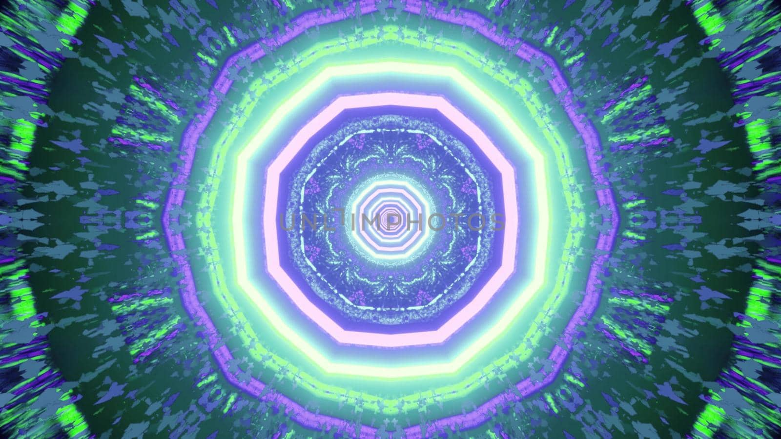 3d illustration of circular tunnel wit geometric pattern of colorful neon lines as abstract futuristic background design