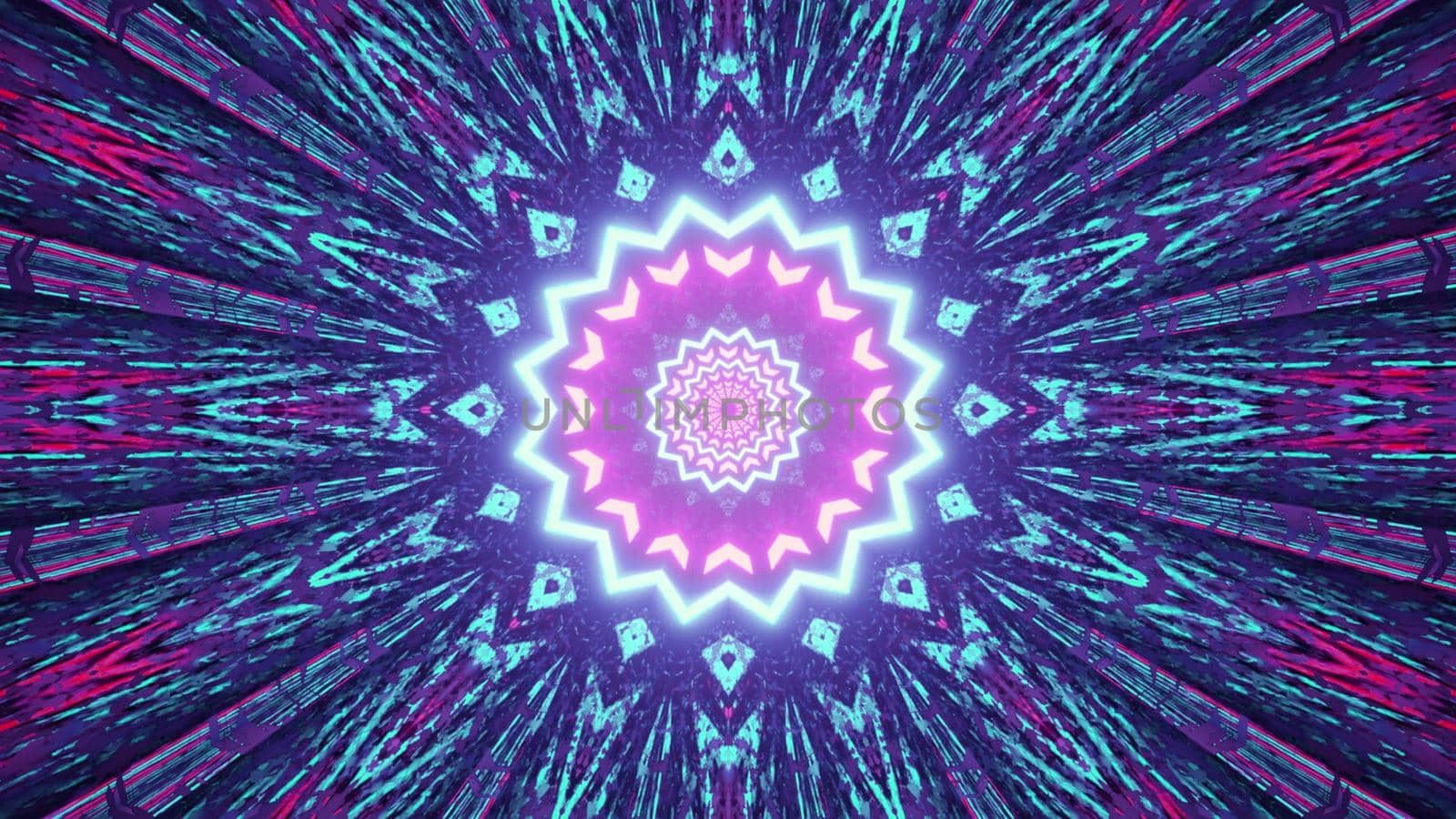 3D illustration of creative multifaceted star pattern with colorful ornamental rays as abstract background