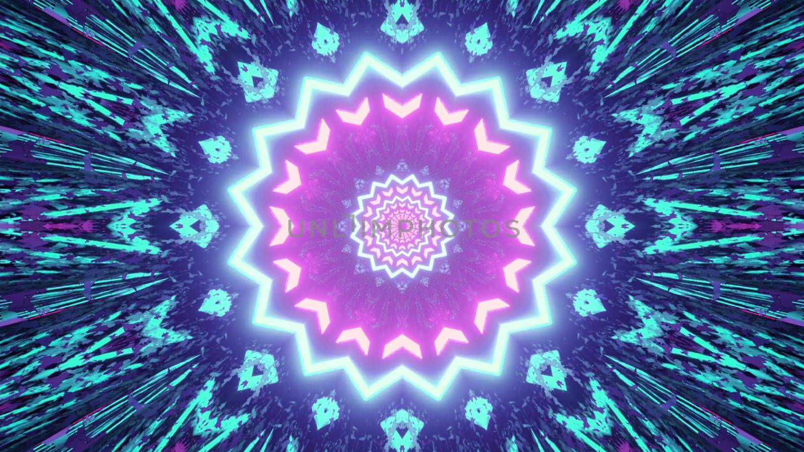 3D illustration of bright fractal kaleidoscope pattern with symmetrical neon illumination as abstract background