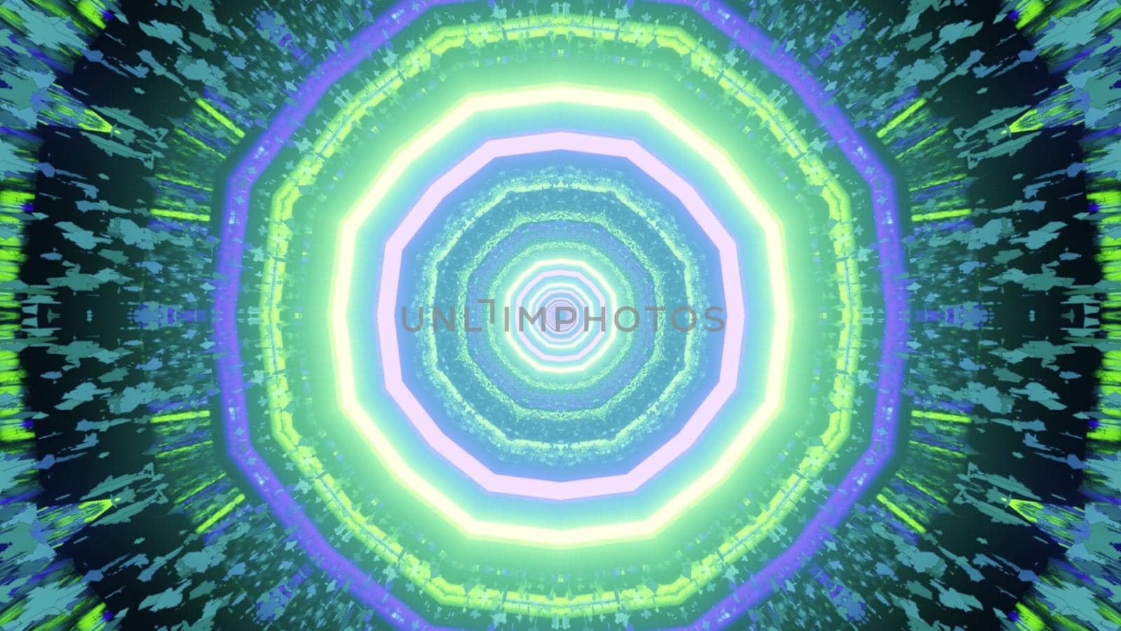 3D illustration of symmetric circular pattern with bright neon lamps glowing in swirling tunnel