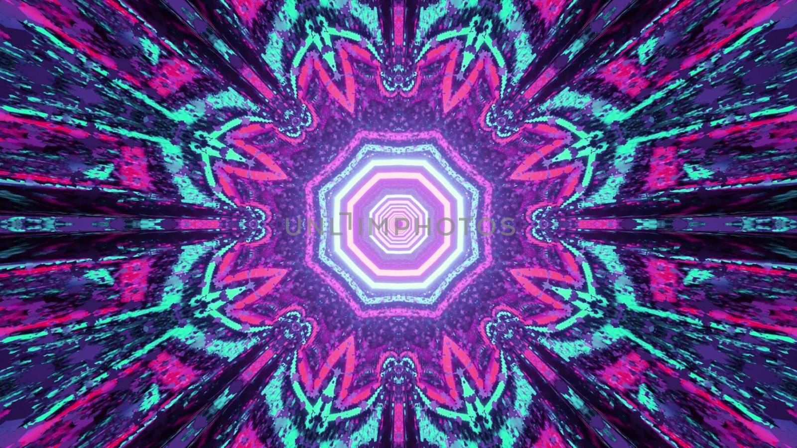 3D illustration of colorful ornamental flower shaped kaleidoscope pattern with glowing rays as abstract background